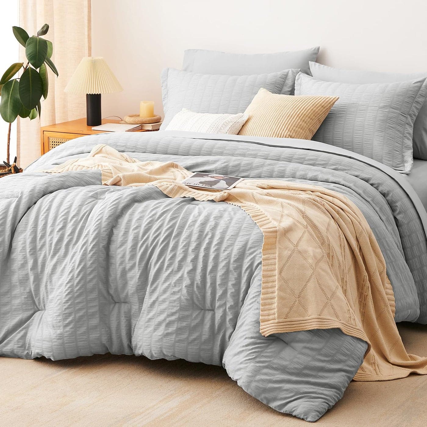 CozyLux King Seersucker Comforter Set with Light Grey Bed in a Bag 7Pieces All Season Bedding Sets with Comforter Pillow Sham Flat Sheet Fitted Sheet Pillowcase