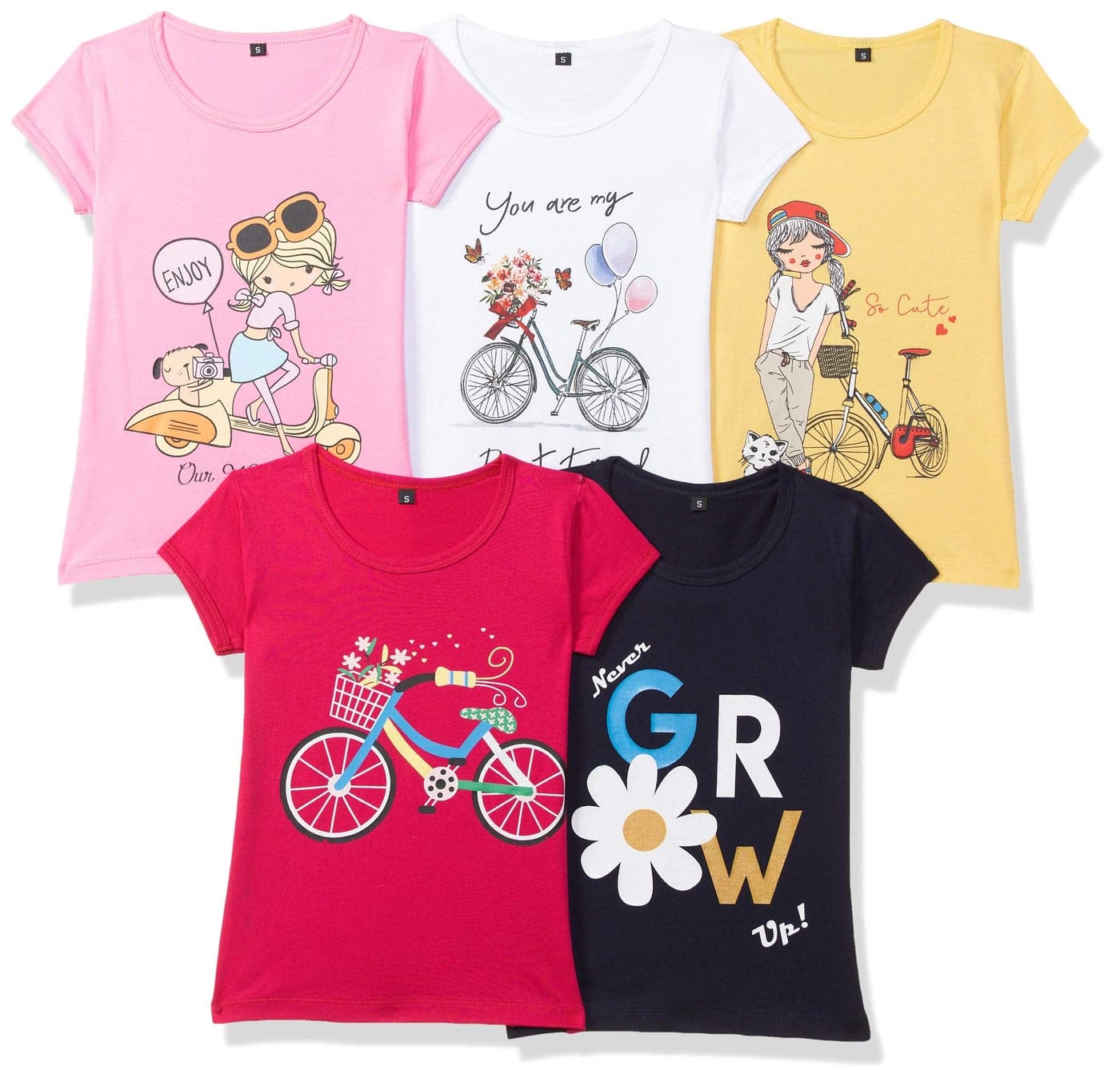 T2F Girl's Cotton Regular Fit T-Shirt(Pack of 5)