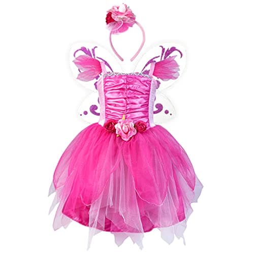 DJDLPARTY Hot Pink Fairy Costume for Girls 56Y Kids Toddler Fairy Dresses with Butterfly Wings and Flower Headband for Hallowen Cosplay Birthday