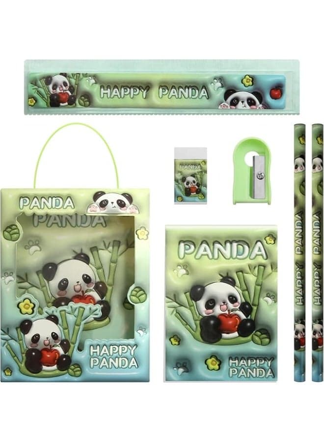 6 in 1 Green Stationery Set Gift Box Includes 1 Cute Mini Notebook 2 Pencil 1 Eraser 1 Plastic Ruler 1 Pencil Sharpener for Kid Student
