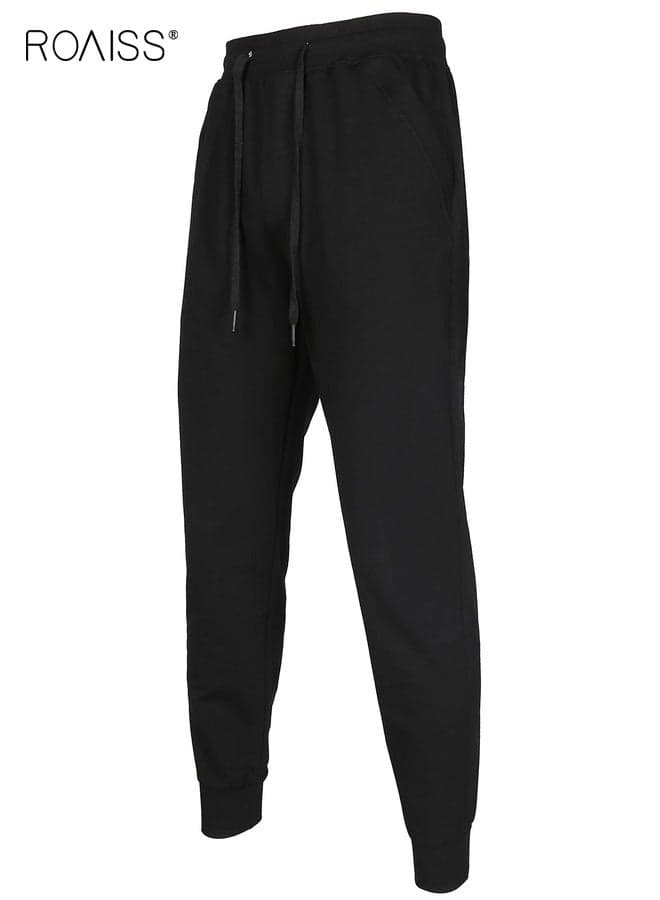 Men's Cotton Fit Jogger Pants Casual Drawstring Track Sweatpants with Elastic Waist and Zipper Pockets Straight-Leg Loose-Fit Outdoor Sports Pants in Pure Black