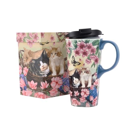 TZSSP Coffee Ceramic Mug Travel Mug Porcelain Latte Tea Cup With Lid 17oz,Novelty Coffee Mugs for Office & Home Flower and Cat