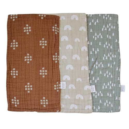 Mebie Baby Burp Cloths, Woods Print 3-Pack, Muslin Burp Cloth Set for Spit Up, Drool, and More, Boho Burp Cloths for Baby Boy and Girl, Baby Must Haves for Registry Lists and Gifts for Newborns