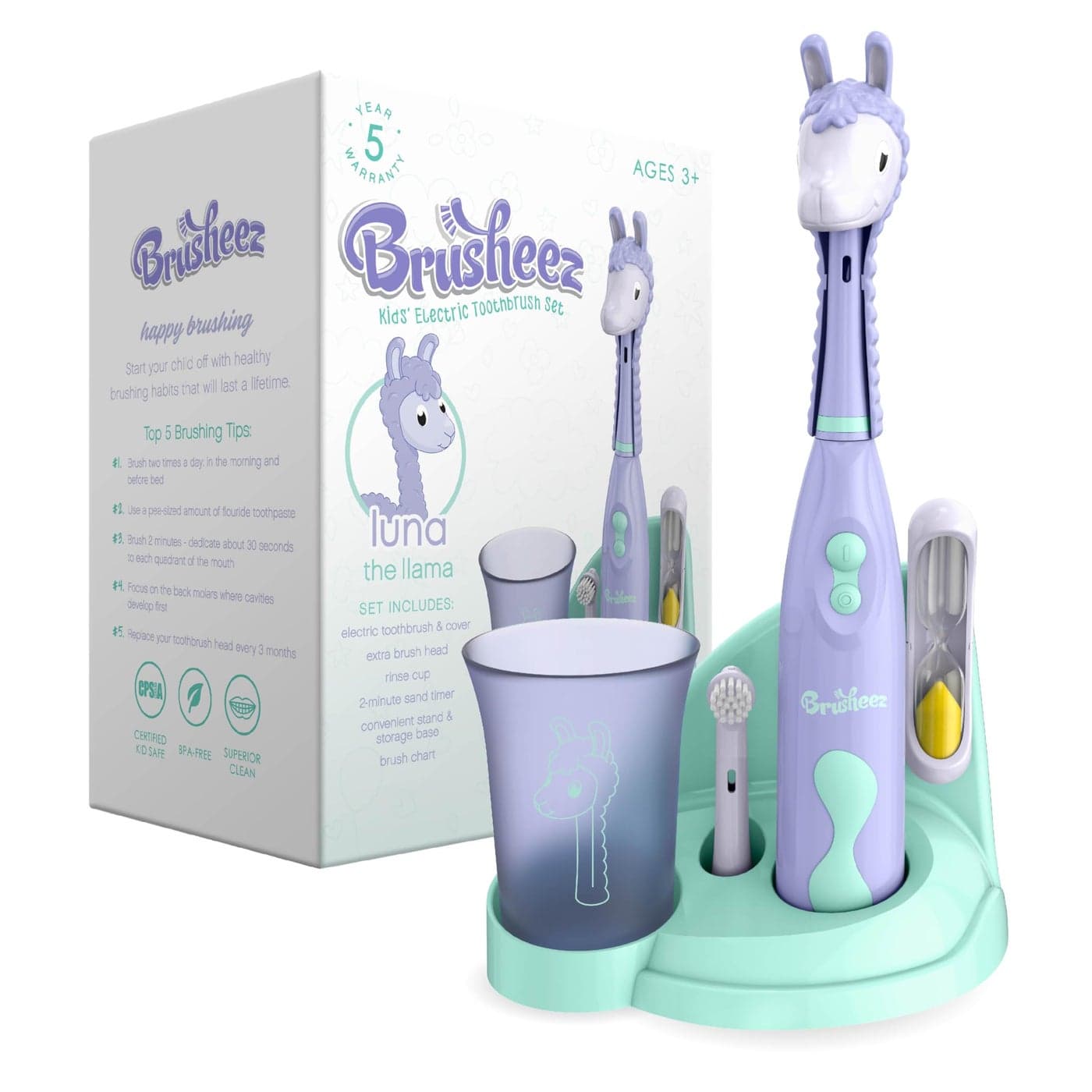 Brusheez Kids Electric Toothbrush Set Safe Effective for Ages 3 Parent Tested Approved with Gentle Bristles 2 Brush Heads Rinse Cup 2Minute Timer Storage Base Luna The Llama
