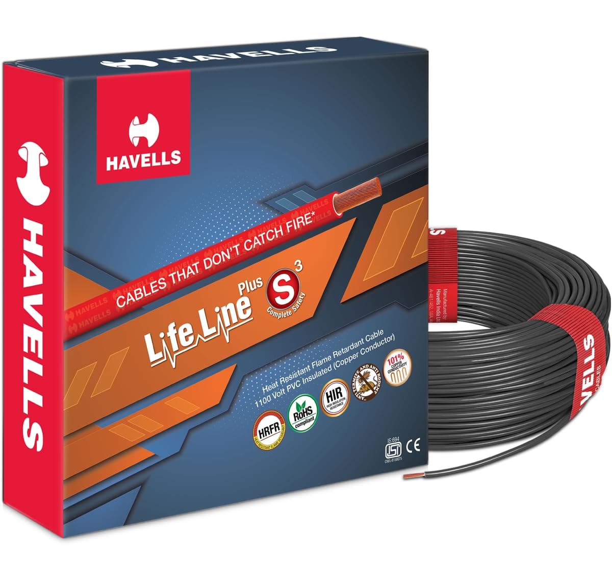 Havells LifeLine+ S3 | 1.5 sq.mm Copper Wire (90m-Black)| Class 2 Conductor (100% Copper), Heat Resistant & Flame Retardant - Ideal for Domestic & Industrial Use (WHFFDNKA11X5)