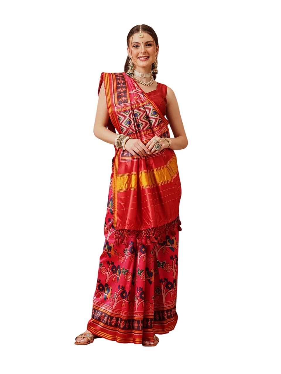 Silk Zone Double Ikkat Patola Printed Saree with Weaving Border & Pallu