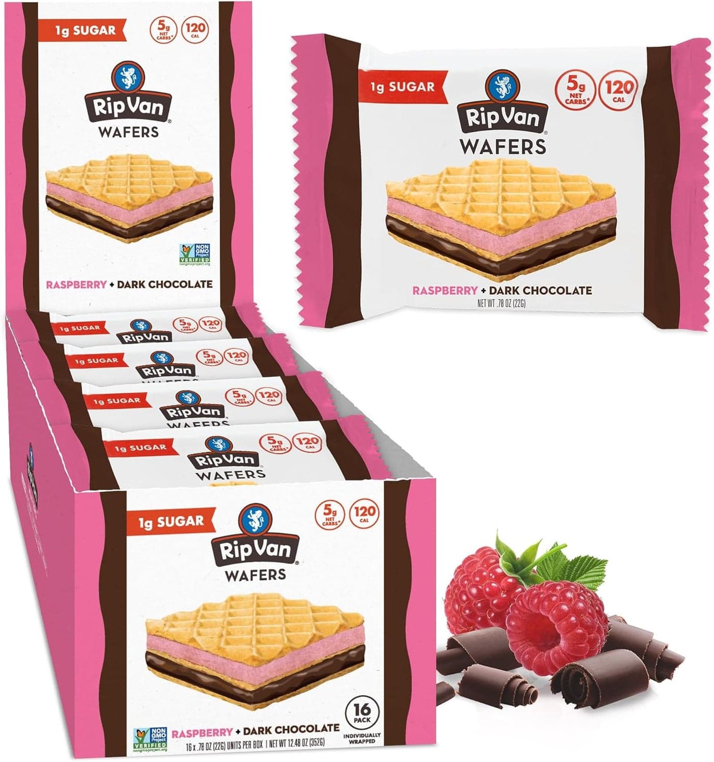 Rip Van Wafels Raspberry & Dark Chocolate Wafers - Low Sugar, Keto-Friendly Snack - 16 Individually Wrapped Cookies