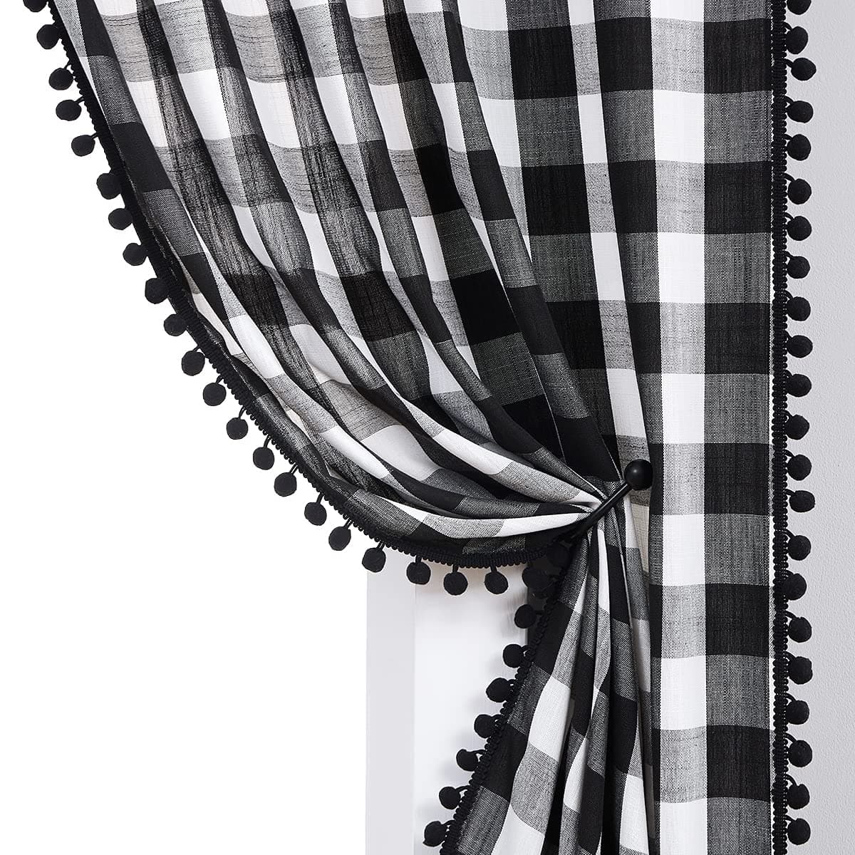 Treatmentex Pompom Checked Curtains 63 White Black Buffalo Check Curtains for Living ROM Rustic Farmhouse Semi Sheer Gingham Plaid Window Curtain Drapes for Bedroom Kids Room Rod Pocket 2Panels