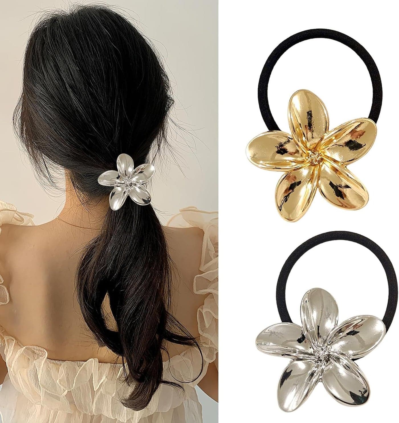 Metal Flower Hair Tie Ponytail Holder Elastic Scrunchies Rubber Bands Gold & Silver Accessories for Women Ropes Decorative 2PCS