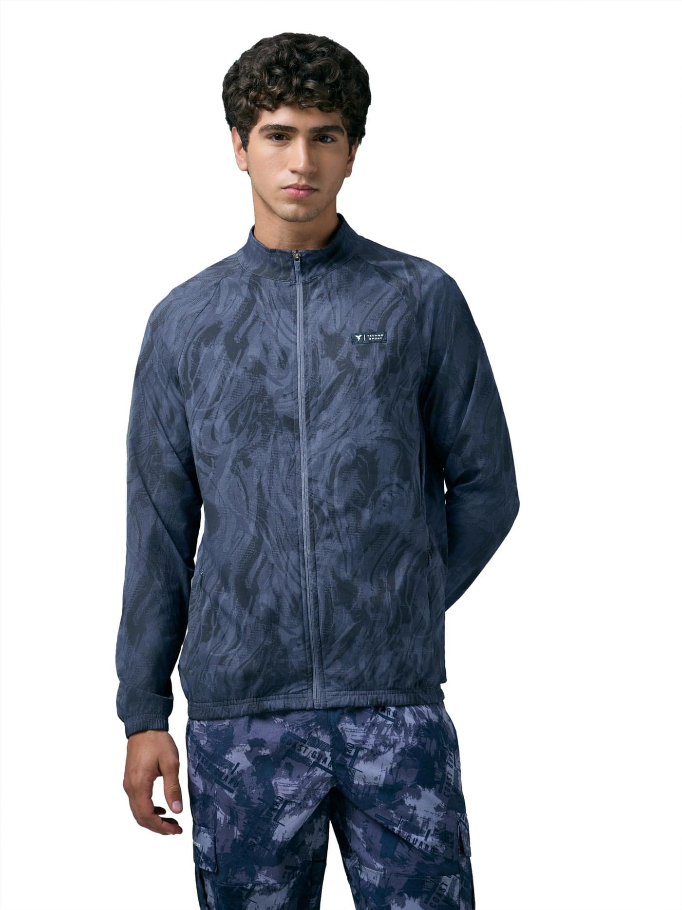 TECHNOSPORT Men's Slim Fit All Over Print Jacket for Sports, Gym & Regular Use - (MJPM92MYI004_Misty Ink_M)