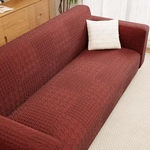 Lukzer 3 Seater Sofa Cover - Pastel Deep Maroon Square Knit Pattern | 240 GSM Universal Textured Jacquard Fabric Elastic Couch Protector | Washable Sofa Cover for Living Room | (180-230cm/SC-179-03)