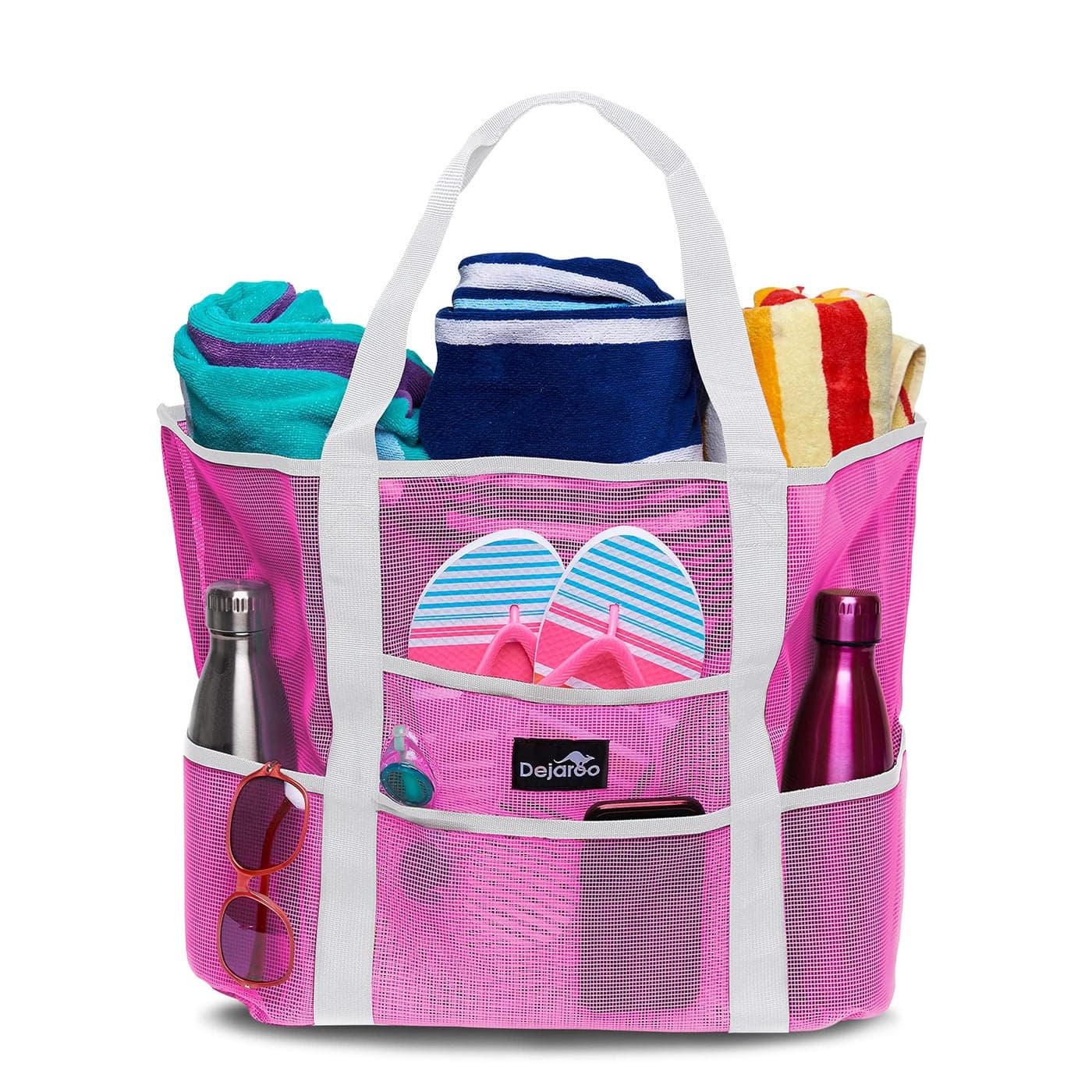 Dejaroo Mesh Sand Free Bag Strong Lightweight Tote For Beach Vacation Essentials Tons of Storage with 8 Pockets Foldable 17x9x15 inches Neon Pink with White Straps