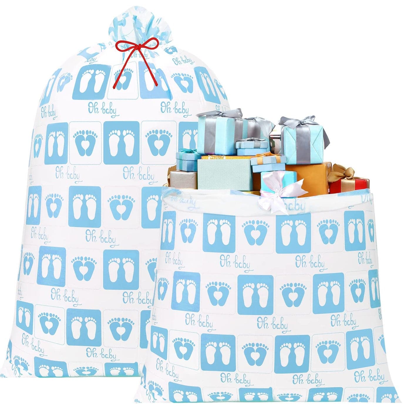 Leinuosen 2 Pcs Extra Large Gift Bags for Baby Shower Oversized Plastic Gaint Gift Bag with Ropes for Birthday Party FavorsBlue Feet