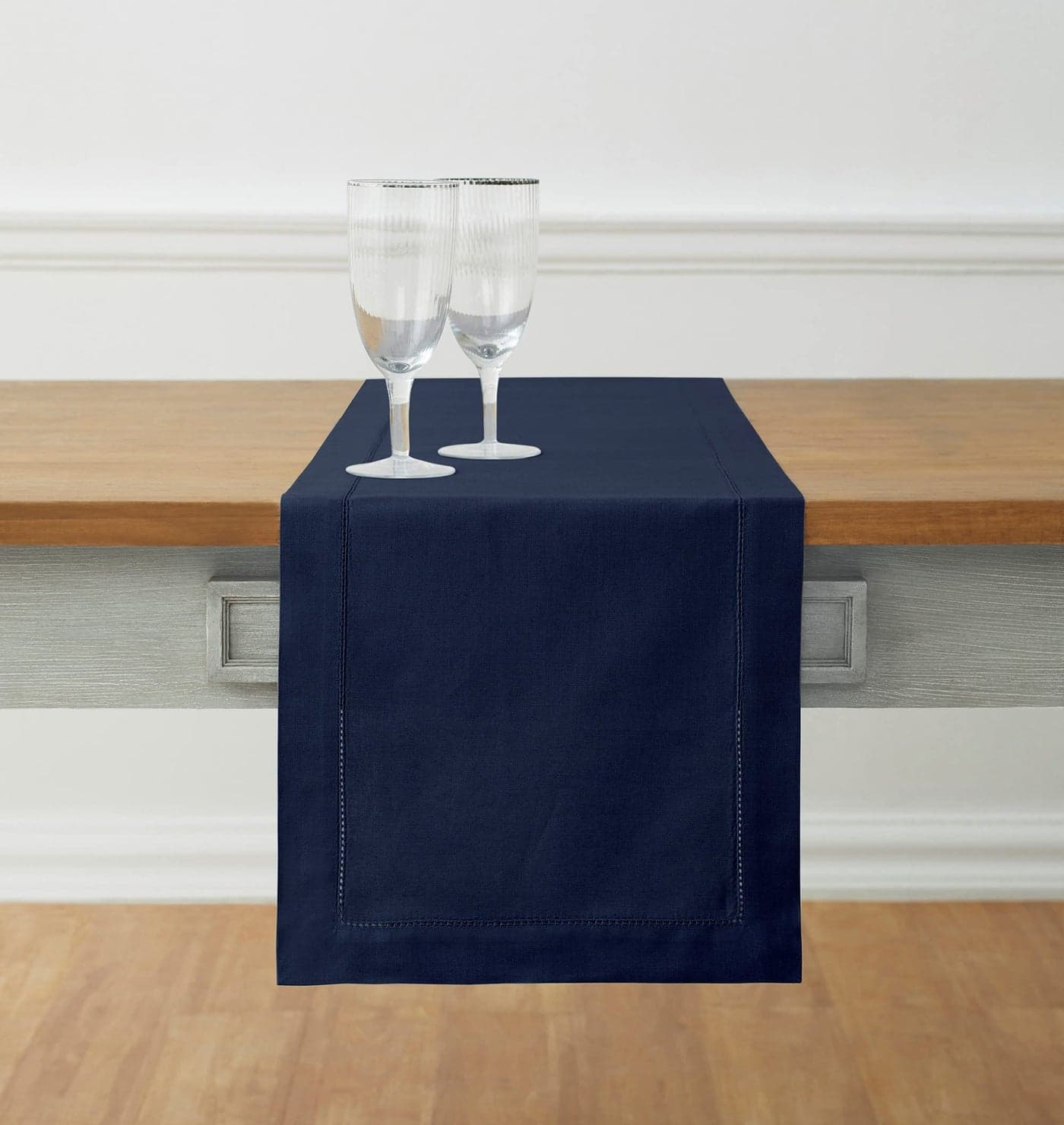 Solino Home Navy Blue Hemstitch Table Runner 36 Inches Cotton Linen Small Table Runner 14 x 36 Inch Ideal for Dresser and Coffee Tables Fall Autumn Halloween Thanksgiving Christmas Holiday