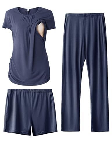 SUNNYBUY Womens Maternity Nursing Pajamas Set, Short Sleeve Breastfeeding Shirts,Pregnancy Shorts & Pants 3 Piece Nursing PJS, Navy XL