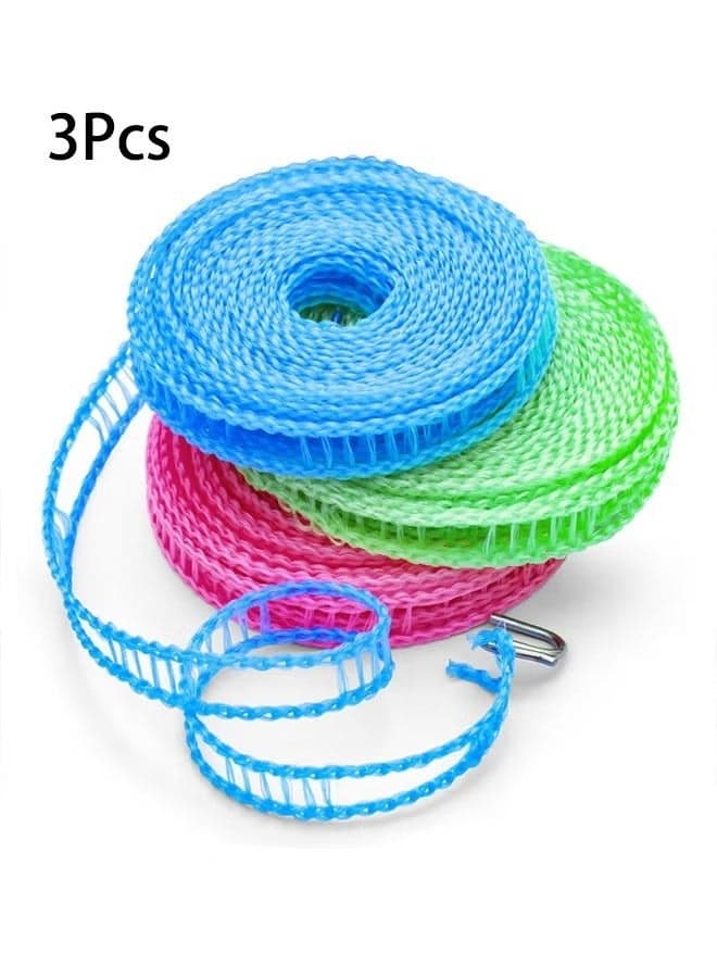 3Pcs Anti-slip and Windproof Clothes Drying Rope Fence Type Clothes Quilt LineAdjustable Nylon Cloth Suspension Clothes Drying Rope 5 Meters For Portable Travel Clothing Indoor and Outdoor Laundry