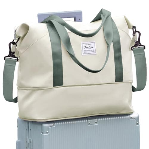 Travel Bag, Waterproof Duffel Gym Tote Bag, Weekender Carry On Overnight Bags for Women with Trolley Sleeve Wet Pocket, Travel Duffel Bags Hospital Bag, Beige Green