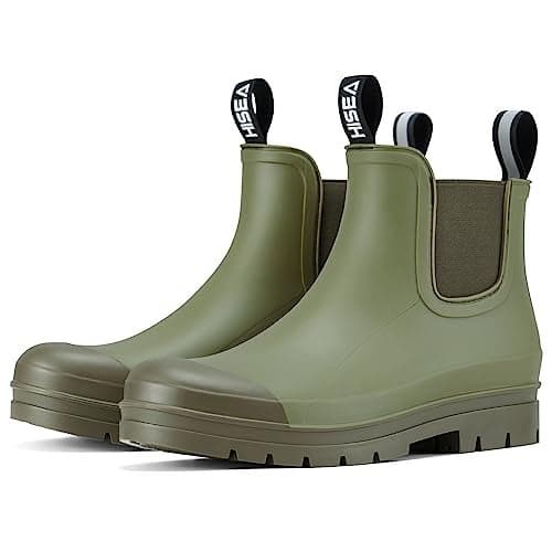 HISEA Women's Short Rain Boots Fashion Waterproof Chelsea Boots Ankle Garden Shoes for Ladies Non Slip Outdoor Work Booties Lightweight Rubber Rainboots with Comfort Insole, Size 10 Olive Green