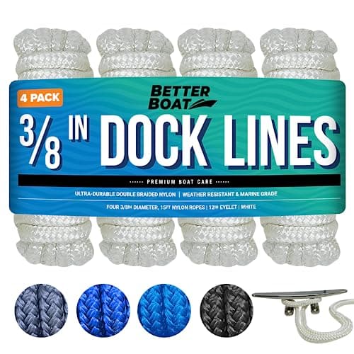 Dock Lines Boat Ropes for Docking, 3/8" Double Braided Mooring Marine Rope, 15ft Nylon Rope with Loop, White, 4 Pack