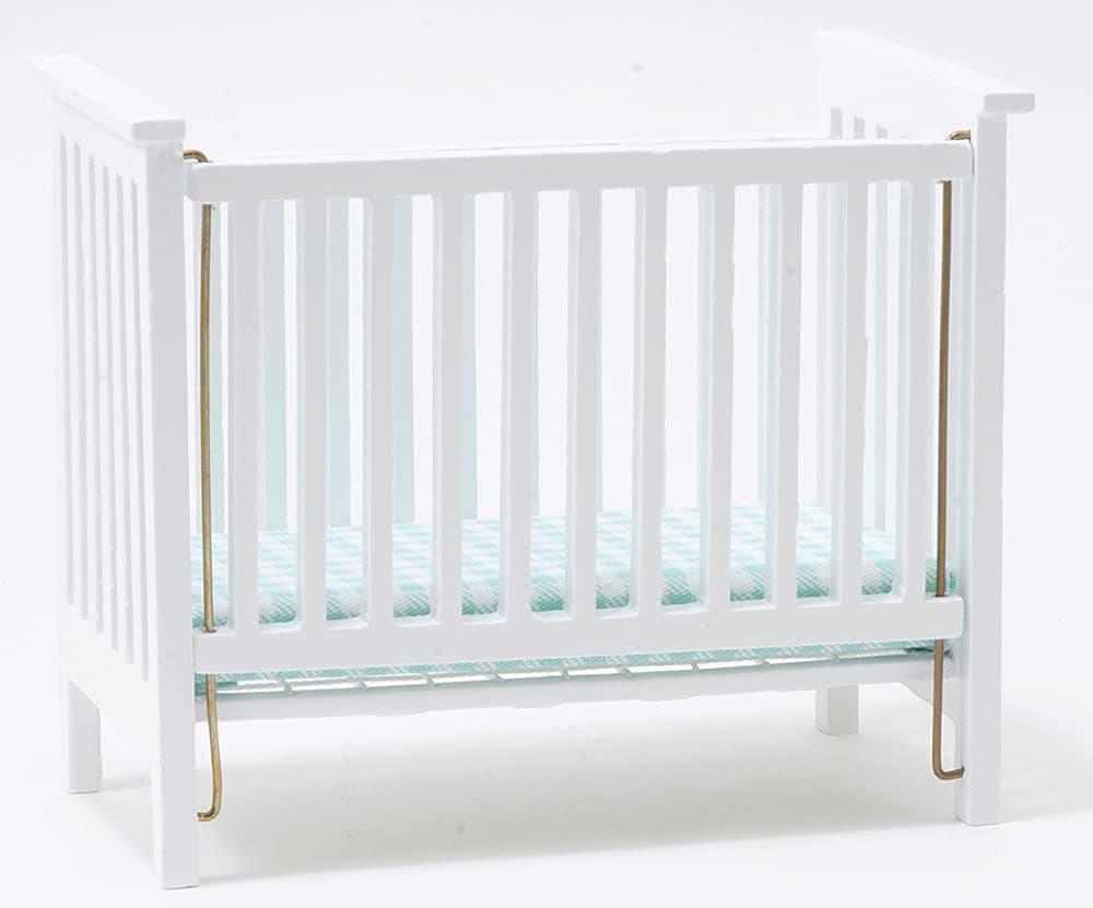 Classics by Handley Dollhouse Miniature White Slatted Nursery Crib with Blue Fabric