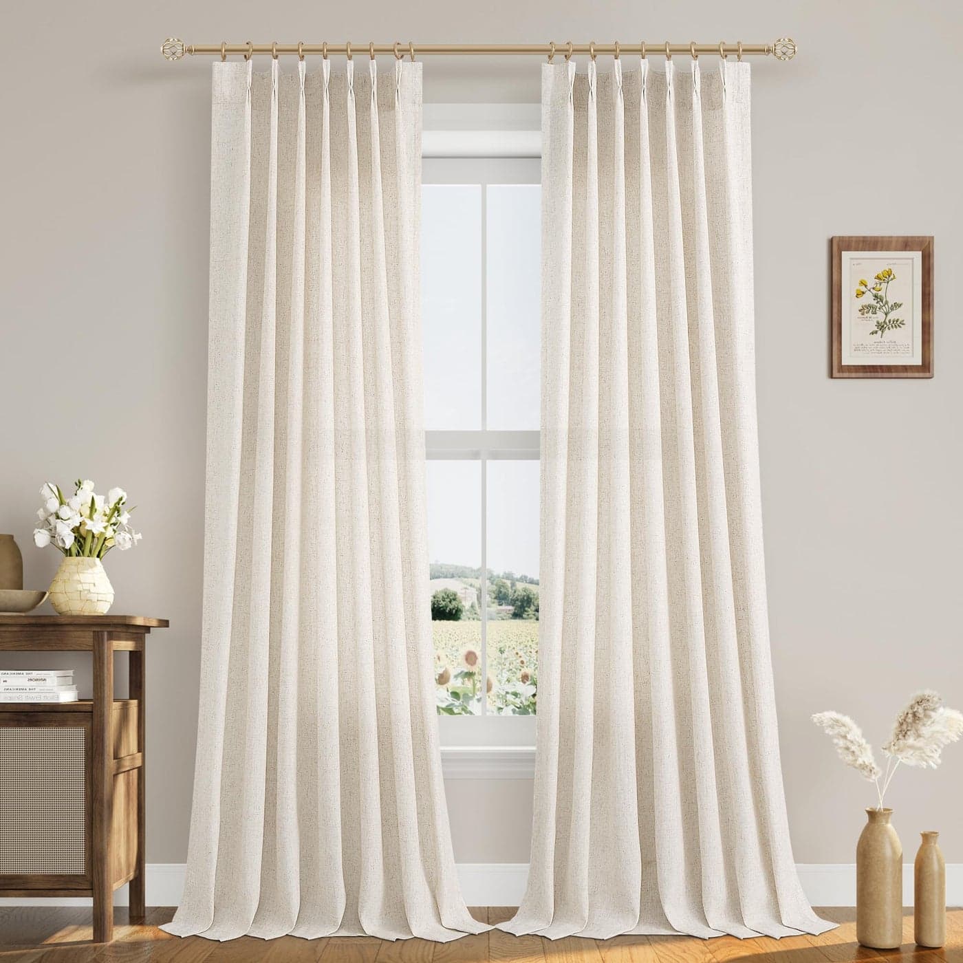 102 Inch Long Curtains Pinch Pleat Linen Curtains for Living Room 2 Panels Set Natural Cream Semi Sheer Light Filtering Boho Neutral 102 Inch Pleated Curtain with Hooks Floor Ceiling Bedroom Window