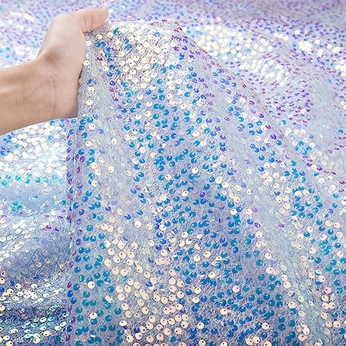 BCOOL Iridescent Mermaid Glitter Fabric Sequin Fabric by The Yard 5MM 1 Yard Blue Sparkly Fabric for Wedding Costumes Mermaid Tail Sewing Dress Tablecloth DIY Crafts