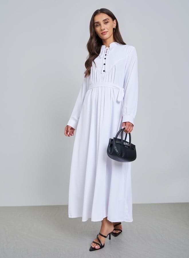 White Solid Tie Neck Long Sleeve Midi Dress