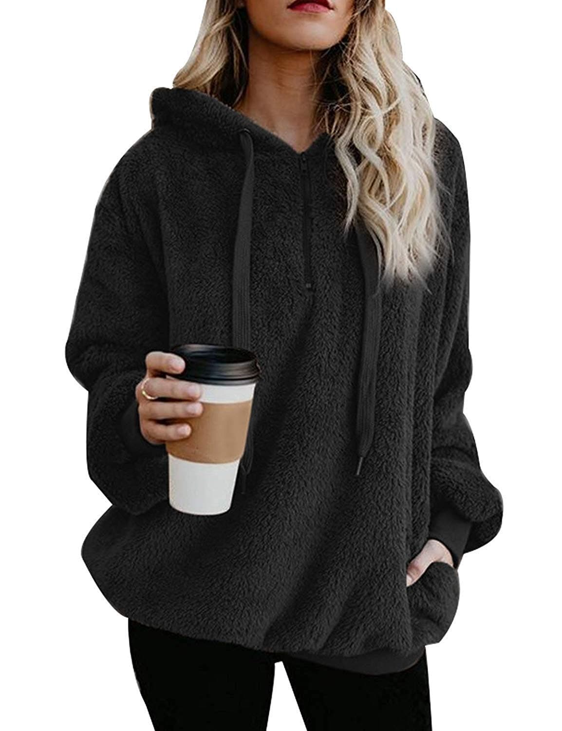 Yanekop Womens Oversized Hoodies Quarter Zip Pullover Sherpa Jacket Zip Up Sweatshirt Fuzzy Fleece Pullover with PocketsB BlackXL