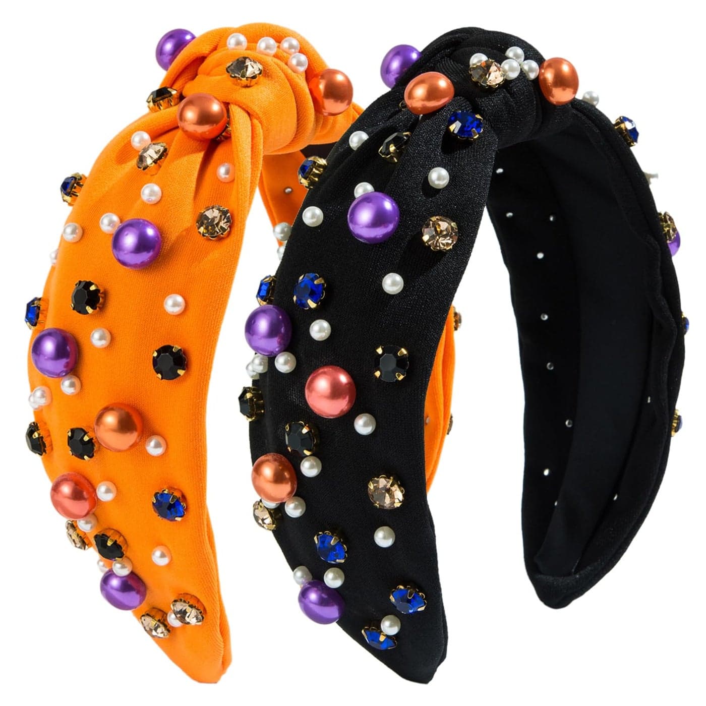 IDDFEVE 2Pcs BlackOrange Headbands for Women Halloween Solid Color Rhinestones Holiday Knot Hair Hoops Pearl Hair Accessory Festive Gift