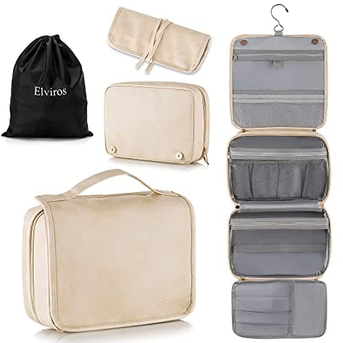Elviros Hanging Travel Toiletry Bag for Women, 3-in-1 Large Makeup Bag and Cosmetic Organizer, Vegan Leather Waterproof Skincare Case for Travel Size Toiletries and Accessories