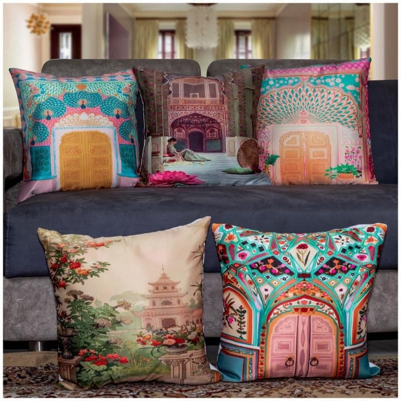 Vendola Decorative Satin Sofa Cushion Covers Set of 5, 12 inch x 12 inch, Sofa Pillow Cover, Ethnic Festive, Multicolor, Palace, Rajasthani Design Zipper Closure (Dwars, 12X12 Inches)