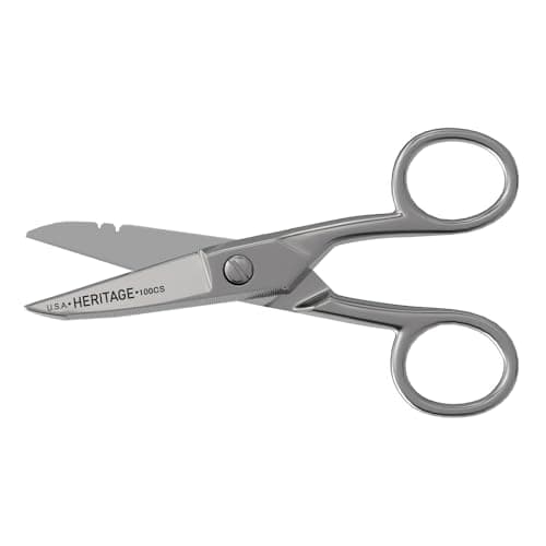 Klein Tools 100CS All-Purpose Precision Scissors, Made in USA, 5.25-Inch Nickel-Plated Snips, Blunt Tip, and Wire Stripping Notches, Multi-Purpose for Professional and Home Usage