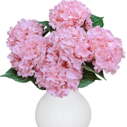 LA.PONEE 6PCS Premium Pink Hydrangea Artificial Flowers Bouquets, Light Pink Silk Hydrangea Flowers Heads with Stems, Fake Hydrangeas Flowers Arrangement, Faux Hydrangea Decor for Home Wedding Party