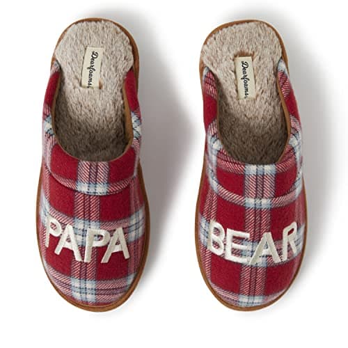 Dearfoams Men's Gifts for Dad Funny Fathers Day Papa Bear Slipper, Red/Blue Plaid, 9-10