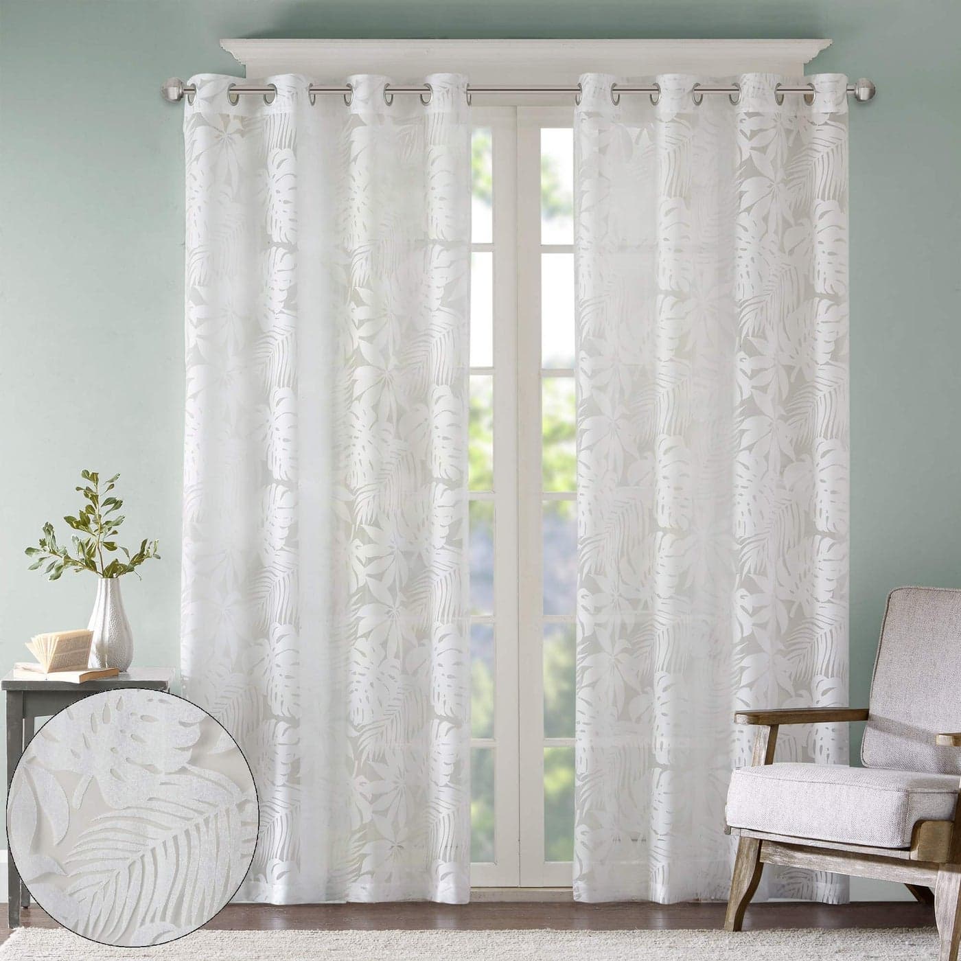 Madison Park Semi Sheer Single Curtain Modern Contemporary Botanical Print Out Design Grommet Top Window Drape for Living Room Bedroom and Dorm 50x95 Tropical White