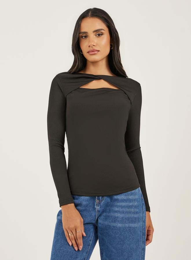 Women Black Ribbed Cut Out Knit Top — L