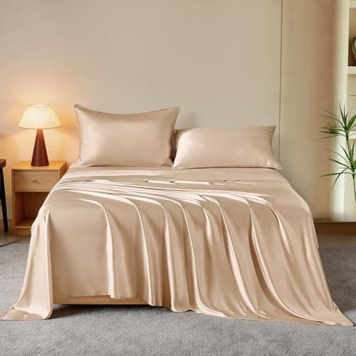 THXSILK Luxury Mulberry Silk Bed Sheets Set 4pcs Silk Sheets Set 16 Deep Pocket 1 Fitted Sheet 1 Flat Sheet 2 Pillowcases with Zipper Closure Full Champagne
