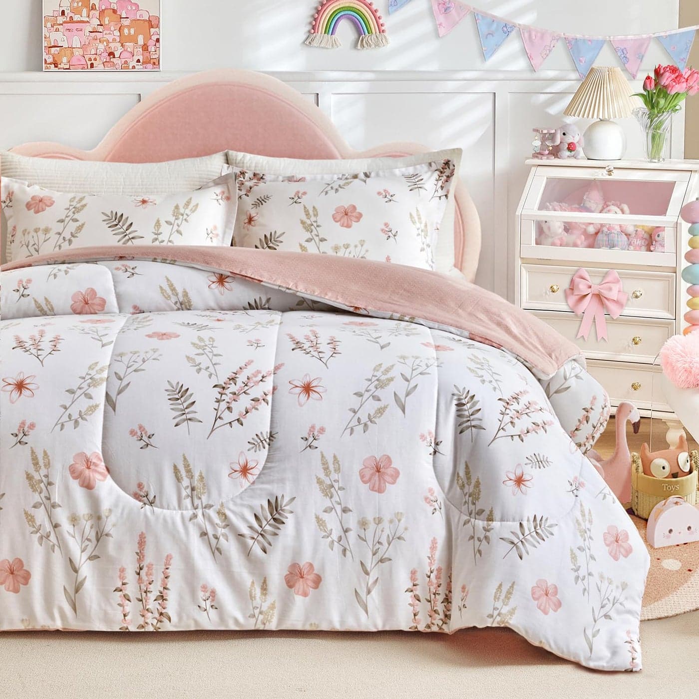 Joyreap 3pcs Floral Cotton Comforter Set for Girls Pink Flowers n Leaves Botanical Design Twin Size Soft n Cozy Bedding Comforter Set for All Season 68x88 inches