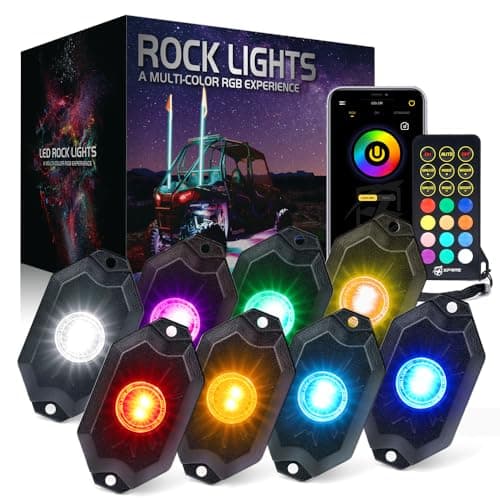 Xprite RGBW LED Rock Lights Kit with Bluetooth & Wireless Remote Controller, Multicolor Cars Underglow, Wheel, Footwell Neon Light Kits, for Off-Road UTV ATV Trucks SUV Motorcycle Boats - 8 Pods