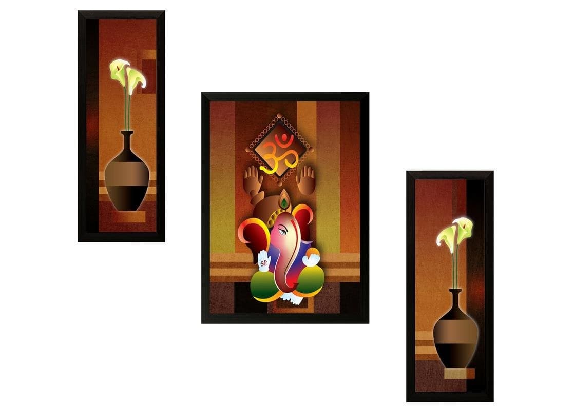 SAF paintings Diwali Gift UV Textured Ganesh Modern Art Print Framed Painting Set of 3 for Home Decoration – Size 35 x 2 x 50 cm PhotoPS7503