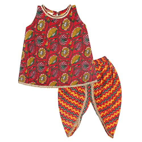 superminis Baby Girls Cotton Printed Sangakari Print A Line Style Sleeveless,Round Neck Kurti And Dhoti With Elastic Closure Ethnic Dress kurta set(Red,4-5 Years)