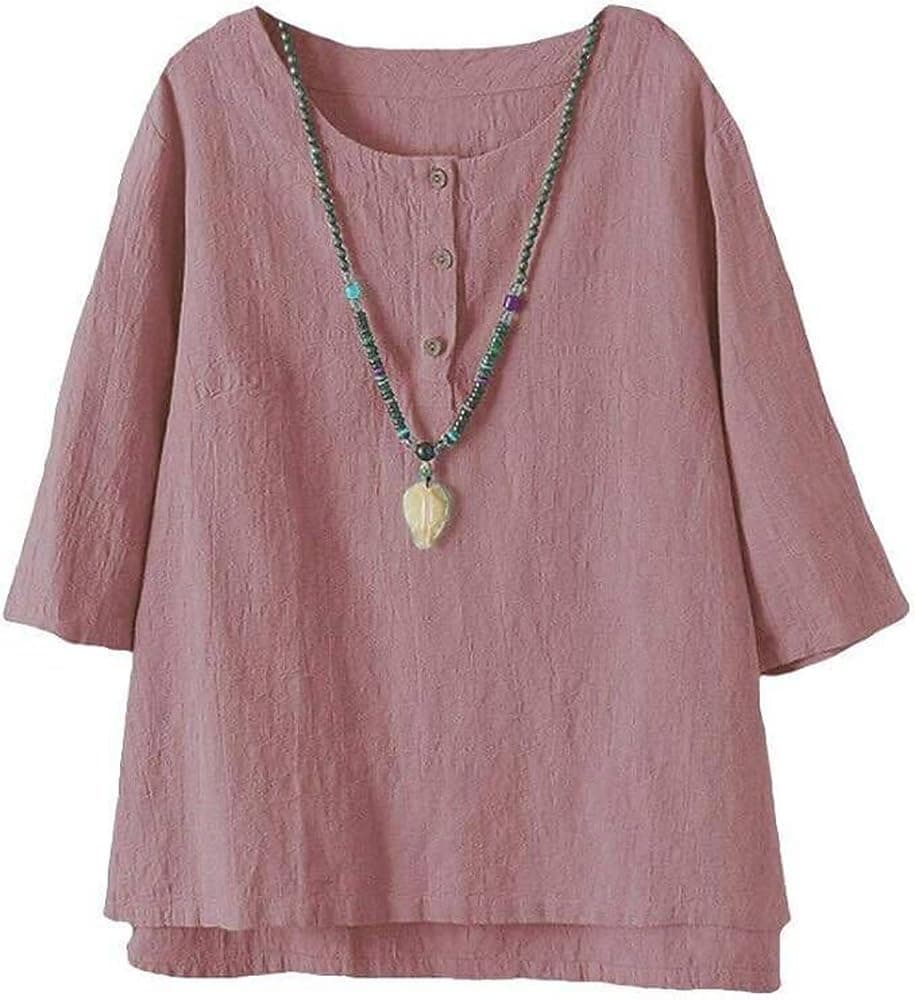 Minibee Women's 3/4 Sleeve Cotton Linen Jacquard Blouses Top T-Shirt (2XL, Pink)