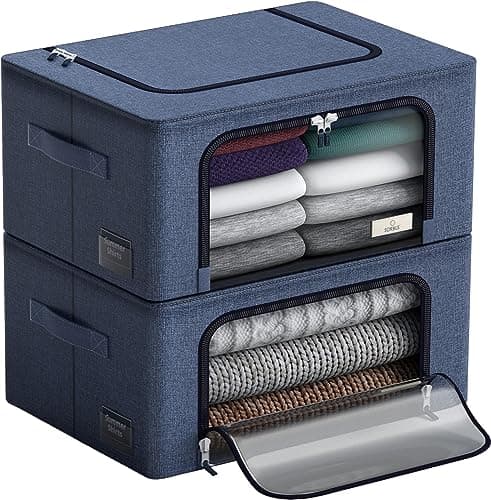 Sorbus Storage Bins with Metal Frame Stackable Foldable Clothes Organizer Bags Oxford Fabric Storage Containers with Large Clear Window Carry Handles Bedroom Organization for Bedding Linen