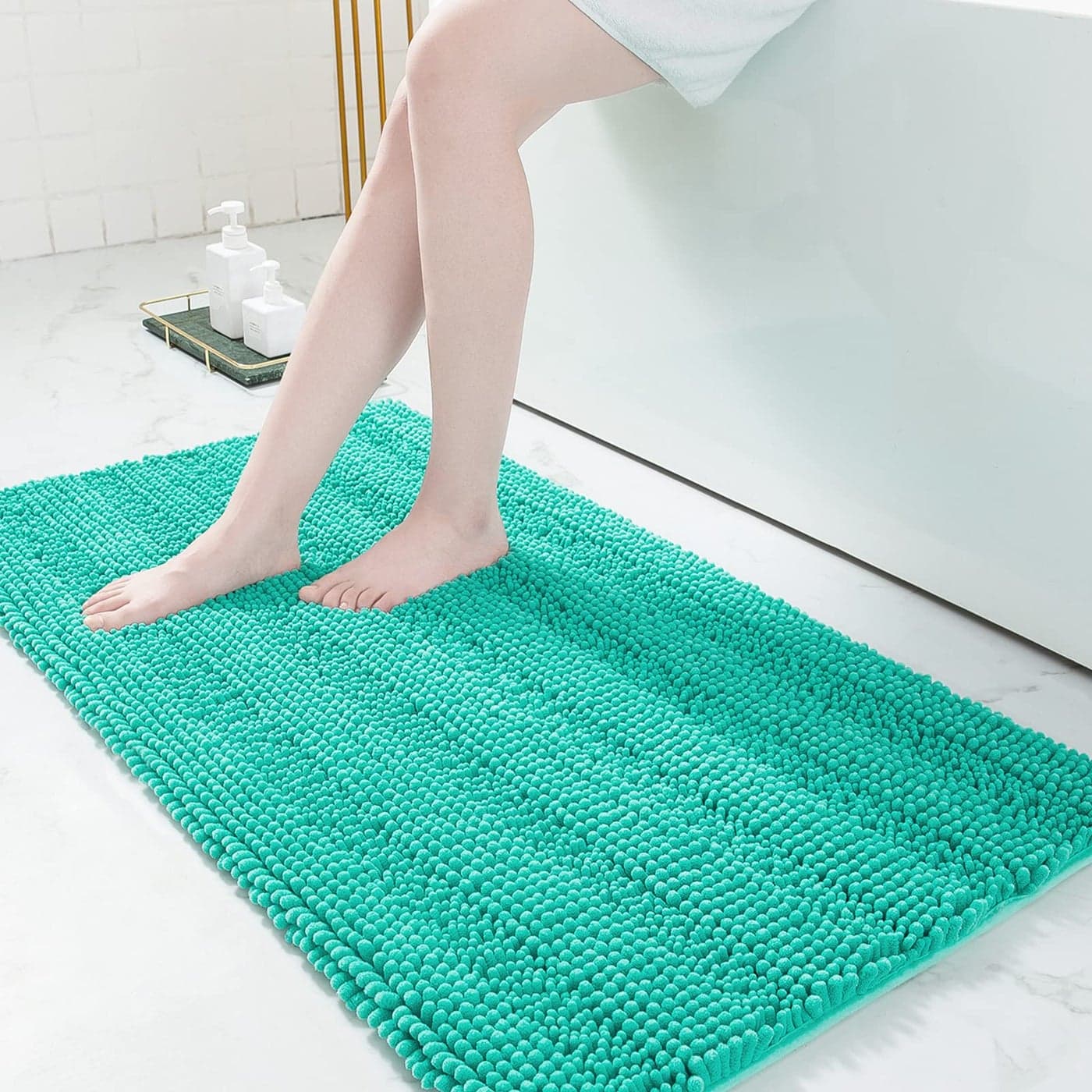 Grandaily Chenille Striped Bathroom Rugs 47x24 Extra Thick and Absorbent Bath Rugs NonSlip Soft Plush Shaggy Bath Carpet Machine Wash Dry Bath Mats for Bathroom Teal