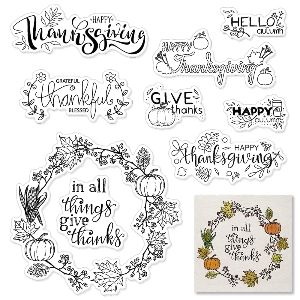 Autumn Thanksgiving Wreath Pumpkin Leaf Clear Stamps for Card Making Photo Album Decorations Give Thanks Words Transparent Rubber Stamps Seal for DIY Scrapbooking Fall Crafts