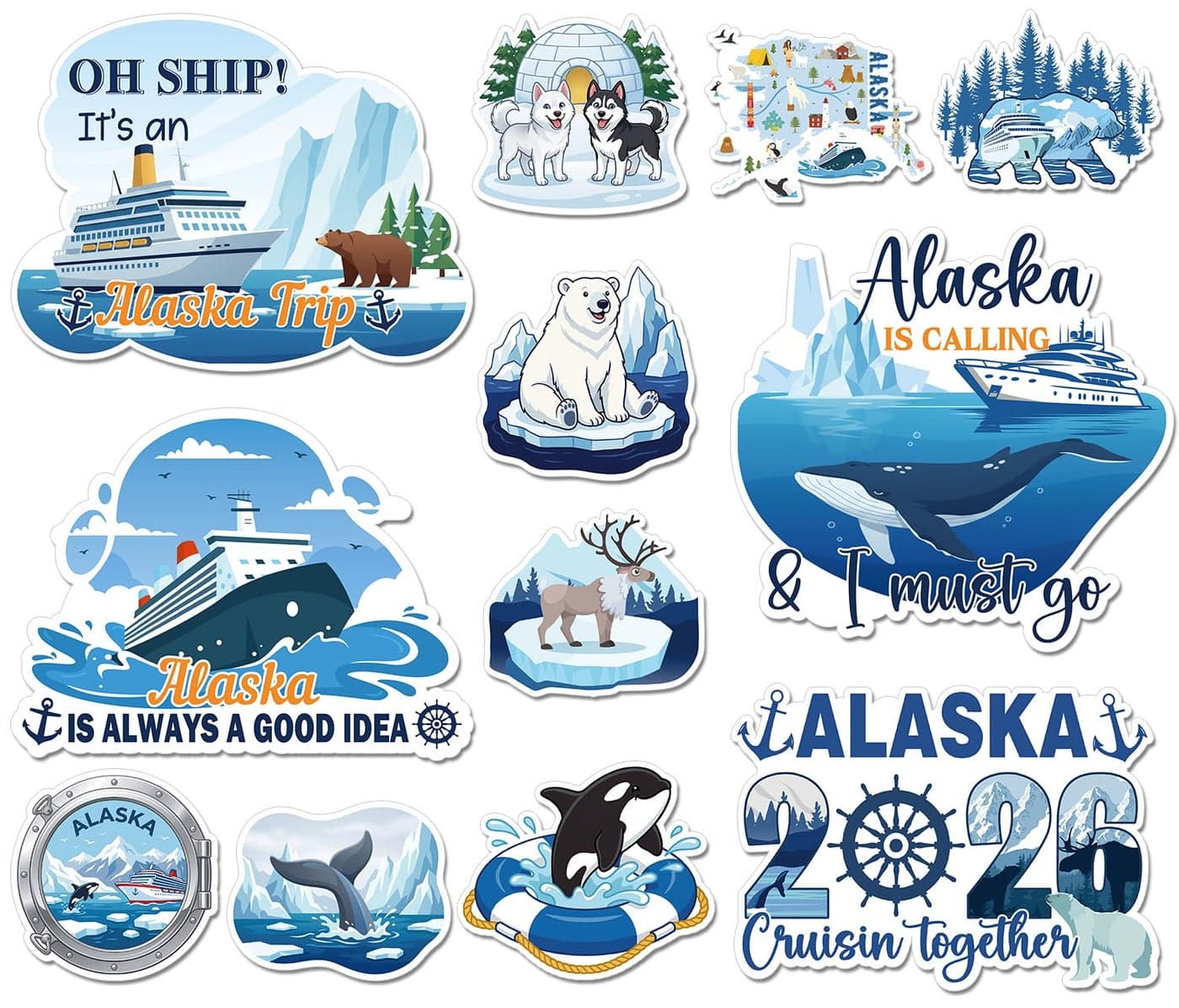 Wxiben Cruise Door Decorations Magnetic - 12 Pcs 2026 Alaska Cruise Door Magnets Alaskan Trip Carnival Cruise Ship Door Decoration Bear Whale Stickers Decals for Cabin Party Refrigerator Decor