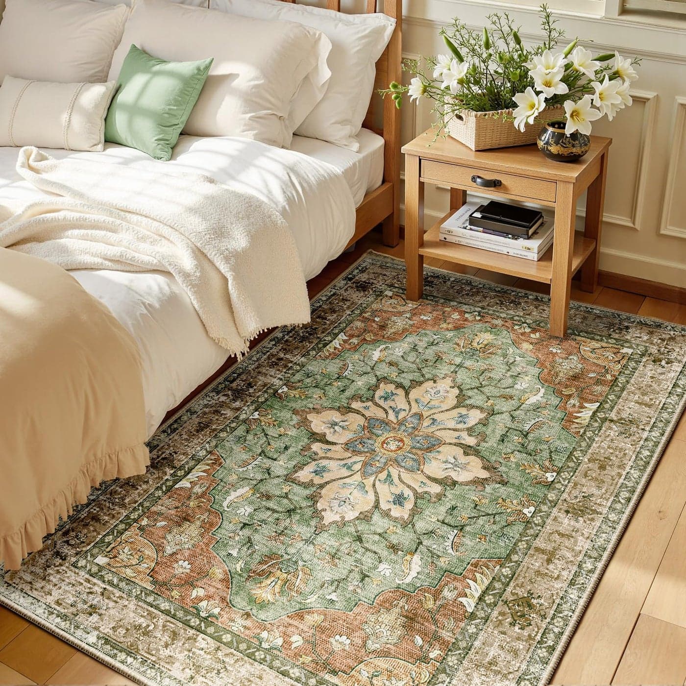 RELEANY Area Rugs 3x5 Washable NonSlip Floral Vintage Distress Print Pattern Medallion Carpet for Living Room Bedroom Dining Room Brick Red Rust Neutral Brown Burnt Orange Green