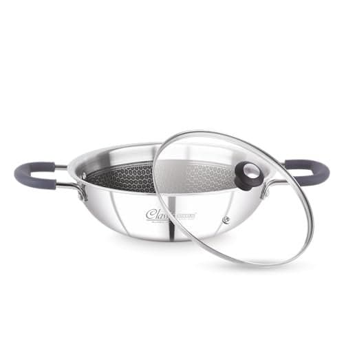 Classic Steels Hexa Comb Triply Kadai with Glass Lid - 3 LTR (26cm) | Stainless Steel Non-Stick Kadhai for Cooking | Gas & Induction Compatible | 2.5mm Thickness | Durable Stay Cool Silicon Handle