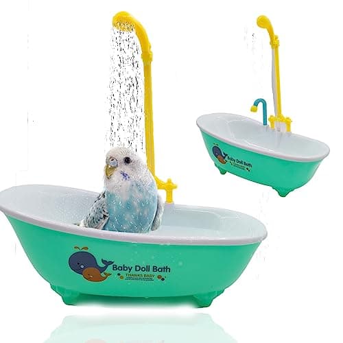 MUYG Parrot Automatic Bathtub with Shower, Cute Durable Bird Bath Shower Tub Birds Bath Fountain for Small Medium Parrots Cockatiel Parakeets Conures Lovebirds(Green 10.2 x 4.0 x 11.02Inch)