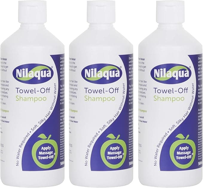 Nilaqua Towel off Shampoo 500ml Single Non Rinse with Vitamin E No Water Rinse free hair washing Kind and Gentle to Scalp Triclosan Free Paraben Free Latex Free Alcohol Free UK Manufactured